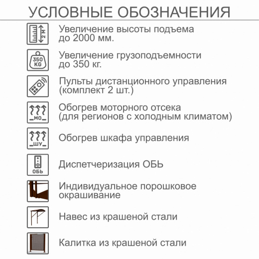 Вертикальный подъемник для инвалидов по ГОСТ ВПМ-01, с увеличением до 2000 мм, с калиткой из каршенной стали, с увеличеной грузоподъемностью до 350кг, с индивидуальным порошковым окрашиванием, с диспетчеризацией ОБЬ, с обогревом шкафа управления